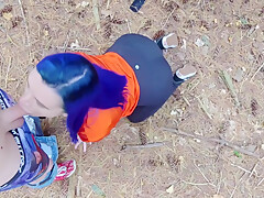 Bluehair Haylo sucks friend's cock in the woods