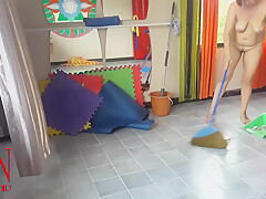Nudist Maid Cleans The Yoga Room. A Naked Cleaner Cleans Mirrors Sweeps And Mops